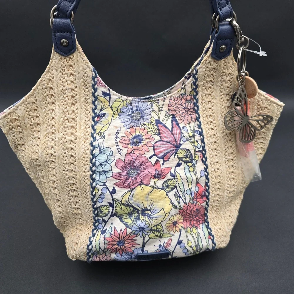 Sakroots Artist Circle Recycled City Straw Floral Butterfly Hobo Bag Navy Blue